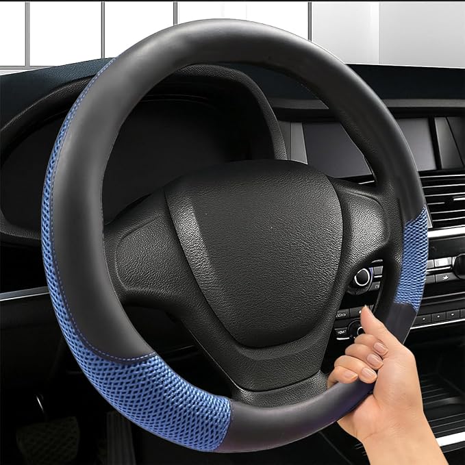 Car Steering Wheel Cover, 15" Breathable Microfiber Leather Ice Silk Mesh Wheel Wrap, Warm in Winter & Cool in Summer, Comfortable Anti-Slip Auto Interior Decorative Protector(Blue)