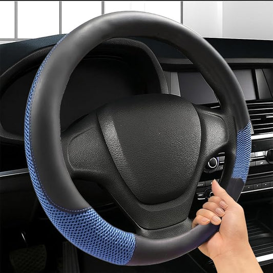 Car Steering Wheel Cover, 15" Breathable Microfiber Leather Ice Silk Mesh Wheel Wrap, Warm in Winter & Cool in Summer, Comfortable Anti-Slip Auto Interior Decorative Protector(Blue)
