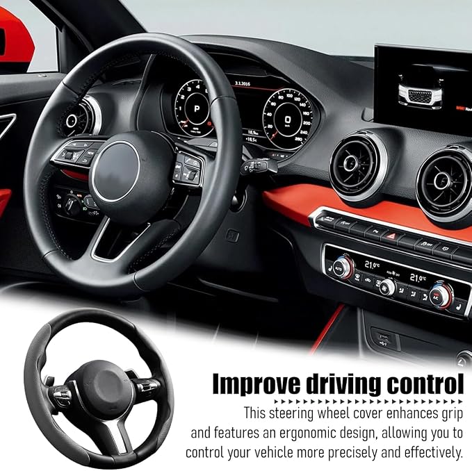 2PCS Car Steering Wheel Cover, 14.5-15" Breathable Nappa Leather Segmented Steering Wheel Protector with Non-Slip Grip, Stylish Auto Interior Decor Accessories, Universal for Vehicles (Gray)
