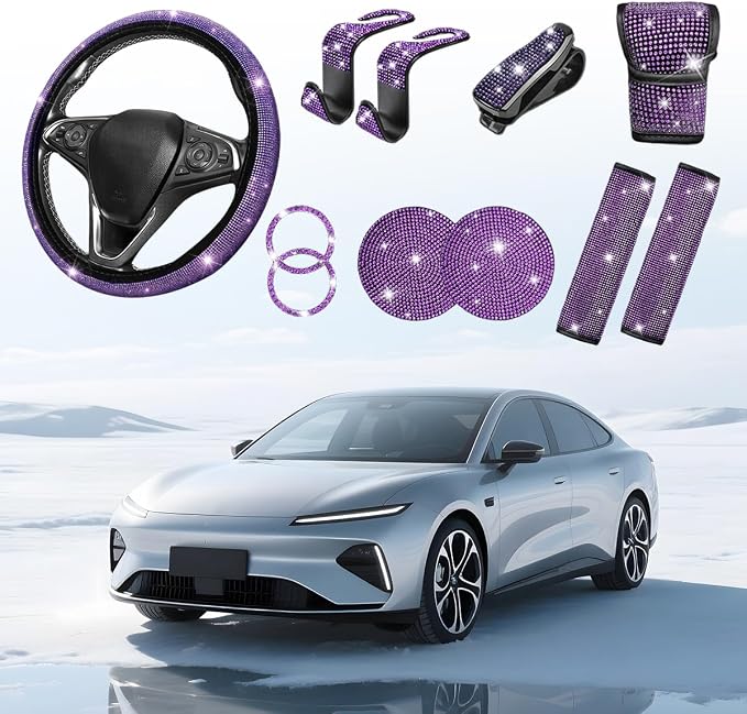 11PCS/Set Bling Car Accessories Set for Women, Rhinestone Vehicle Steering Wheel Cover Seat Belt Cushion Gear Shift Protector Cup Holder Coaster, Universal Automotive Accessories (Purple)