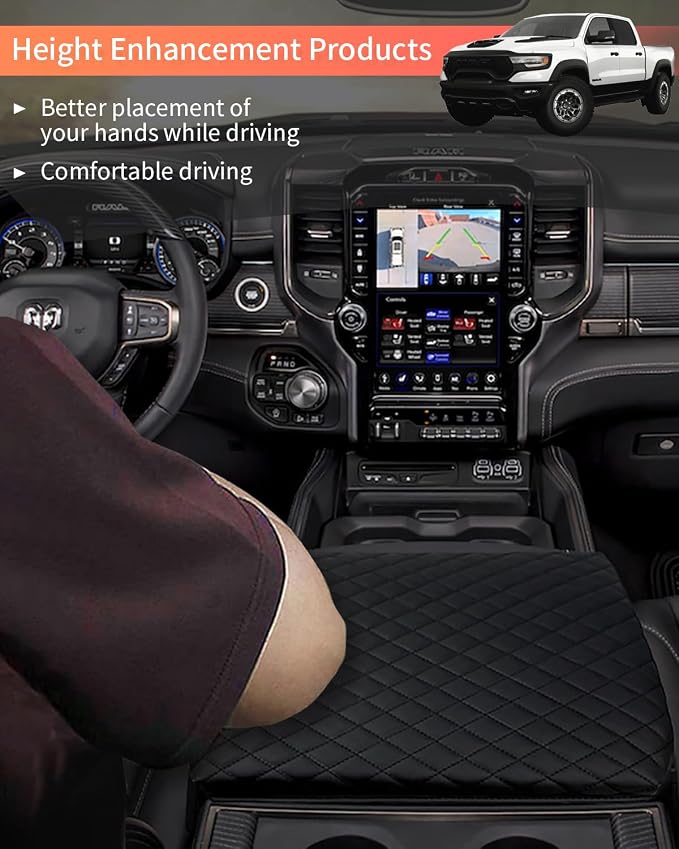 LINOAH Center Console Cover for 2019-2026 Ram 1500 Center Console Cover, Armrest Cushion Pad Accessories with Side Pockets, PU Leather for 5th Ram 1500 Anti-Scratch for Ram 1500 Accessories