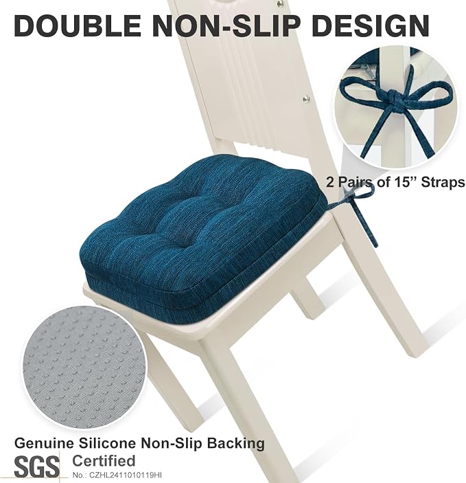 Shinnwa Dining Chair Cushions Set of 4, Dual-Layer Memory Foam Kitchen Chair Cushions, Patented Design Seat Pads with Ties, 16.5 x 16.5 x 3.5in, 4 Pack, Navy Blue