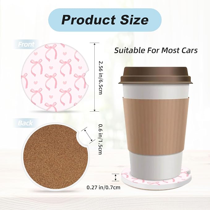 Cute Pink Bow Car Coasters for Cup Holders,2 Pack Car Cup Holder Coasters for Car,Ceramic Absorbent Car Coaster with A Finger Notch and Cork Base,Car Interior Accessories for Women Men