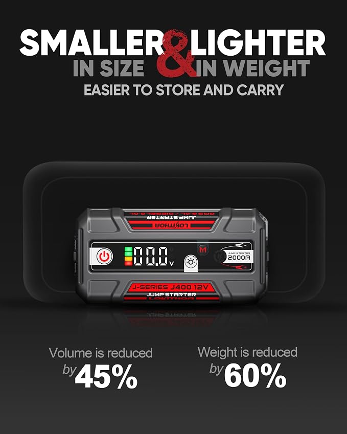 LOKITHOR J400 Jump Starter - 12V 2000A Lithium Battery Jump Pack, Portable Jump Box, Car Starter, Jumper Cables - for Up to 8.0L Gas & 6.0L Diesel Engines | ConnectMax Tech - Smart Digital Display