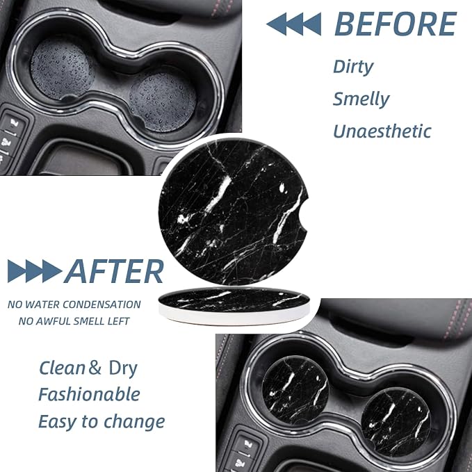 Cup Holder for Car,Black Marble Clean Style Ceramic Coasters Non-Slip Cup Holder Insert with Fingertip Grip, Auto Interior Accessories for Women & Men,Pack of 2, 2.56In