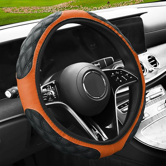 15 Inch Leather Steering Wheel Cover, Automotive Accessories Breathable Anti-Slip Elastic Soft Wheel Protector, Fit for Most SUVs Trucks and RVs (Orange)