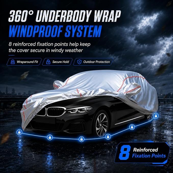 Waterproof All Weather Heavy Duty Vehicle Cover, 360° Underbody Wrap Windproof Design, Quick Install Outdoor Cover,（for BMW 3 Series 2005-2025）