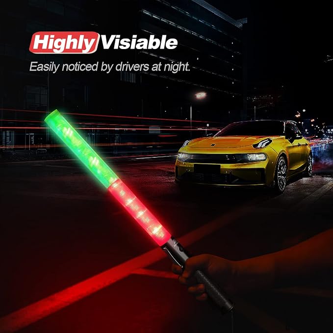 RoadHero 2 Pack 21 Inch Traffic Wands, Red and Green Led Traffic Control Baton, Safety Light Wand with 3 Flashing Modes, Air Marshaling Signal Wand with Side Clip for Airport, Parking, Car Directing