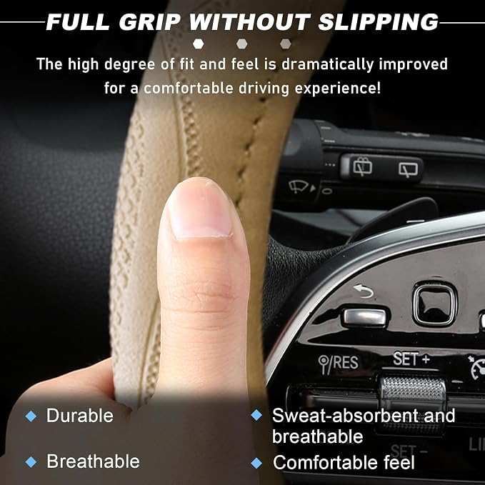 15 Inch Leather Steering Wheel Cover, Breathable Anti-Slip Steering Wheel Protector Cover, Elastic Soft Comfortable Universal Wheel Cover for Men and Women, Car Accessories (Beige)