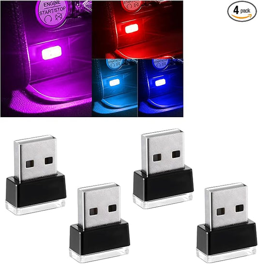 Augeny 4 PCS USB LED Car Interior Atmosphere Lamp, Plug-in USB Decor Night Light, Portable Auto Ambient Lighting Kit, Universal Vehicle Interior Accessories for Most Cars (Blue+Ice Blue+Red+Purple)