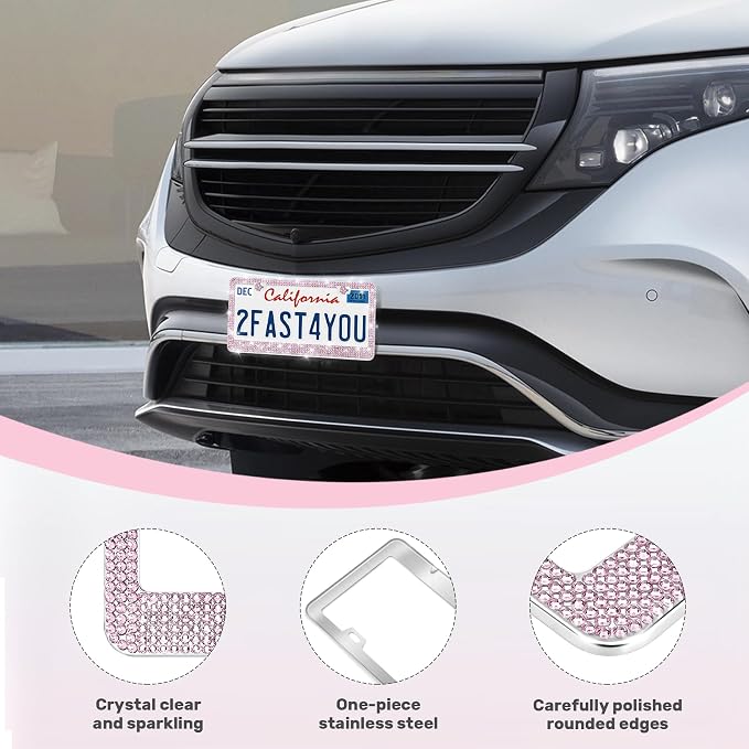 QUANQIUFEI 2 Pack Bling License Plate Frames, Sparkly Rhinestone Diamond Car License Plate Cover for Women, Stainless Steel Car Accessories with Glitter Crystal Caps (Light Rose)