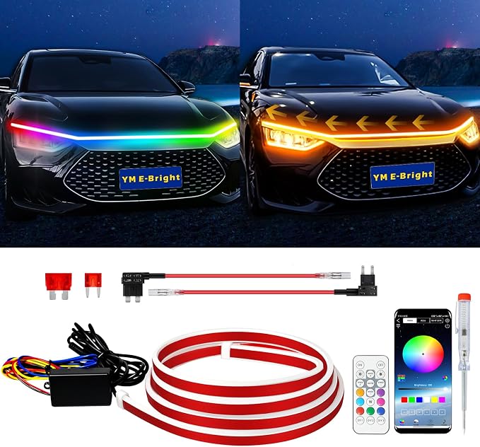 RGB Hood Light Strip with Sequential Turn Signal Indicator Function Waterproof Multicolor Dynamic Scan Start Up Hoodbeam Kit for Cars, Truck, SUV, with APP Control, 12V 79inch/2M (1Set)