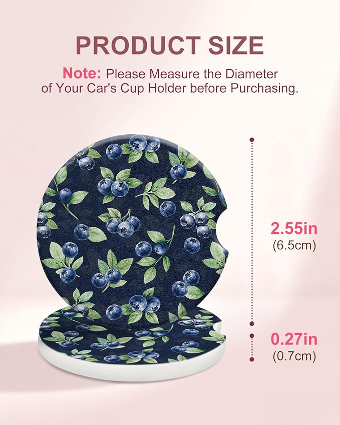 Swooflia Car Coasters for Women - Blueberry Ceramic Car Cupholder Coaster Absorbent Mat Coaster with Cork Base 2 Pack 2.55 inch Automotive Cup Holder Accessories New Driver Gifts for Decor