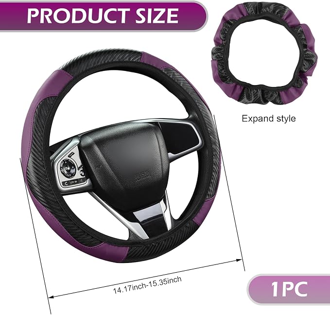 Leather Car Steering Wheel Cover,15 Inch Carbon Fiber PU Elastic Steering Wheel Protector, Anti-Slip Breathable Driving Wheels Covers, Universal Car Interior Accessories (Purple)