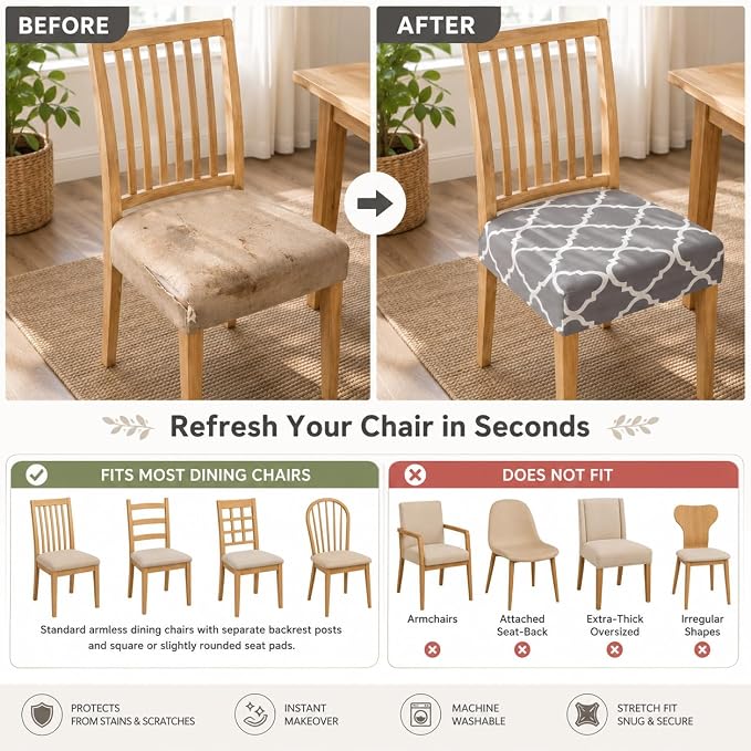 NILUOH Waterproof Seat Covers for Dining Room Chairs Set of 4, Stretch Printed Chair Seat Slipcovers Dining Chair Cover Removable Washable Chair Protctor Cover, Rear Covers