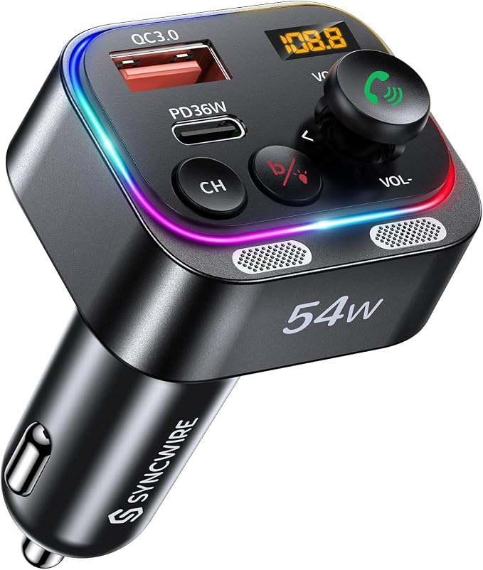 Syncwire Bluetooth 5.4 FM Transmitter Car Adapter 54W with Light Switch | [Stronger Dual Mics] [HiFi Bass Sound] [Fast Charging] Wireless Radio Receiver Hands-Free Calling LED Display