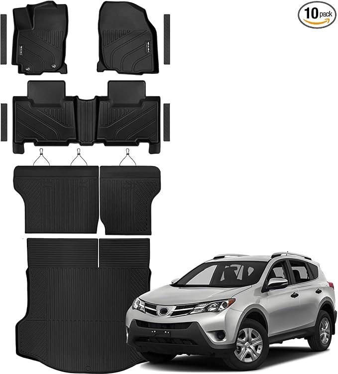Floor Mats for Toyota RAV4 2013-2018, All Weather Cargo Liner with Backrest Mat Protection and Door Sill Guards TPE Rubber Full Set Automotive Floor Mats Trunk Mat for 2018 RAV4 Accessories