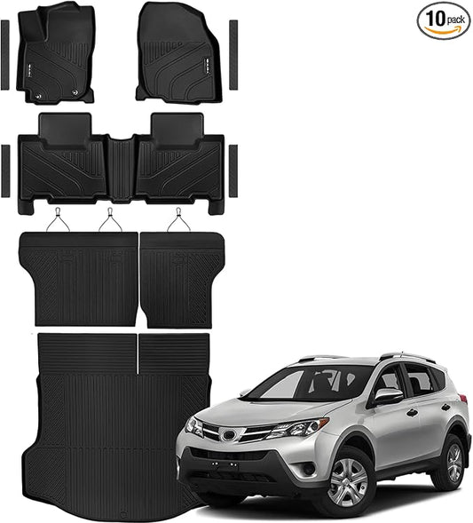 Floor Mats for Toyota RAV4 2013-2018, All Weather Cargo Liner with Backrest Mat Protection and Door Sill Guards TPE Rubber Full Set Automotive Floor Mats Trunk Mat for 2018 RAV4 Accessories
