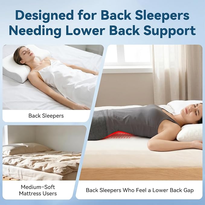 Adjustable Height Lumbar Support Pillow for Sleeping, Ergonomic Contour Lower Back Pillow for Bed with Breathable Washable Cover, Spine Alignment & Sleep Comfort, Grey