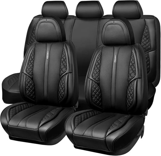 CAR PASS Nappa Leather Car Seat Covers Full Set, Luxury Seat Protector for Cars, Waterproof Anti-Slip PU Seat Cushion Airbag Armrest Compatible Universal for Sedan SUV Pick-up Truck Auto, All Black
