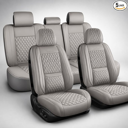 Gray Thick Nappa Leather 3D Contoured Automotive Car Seat Covers Full Set | Univerasal Precision Fit,Lumbar Support,3D Contoured,Semi Coverage,Waterproof,ThickTexture,for most Suvs Trucks Sedans