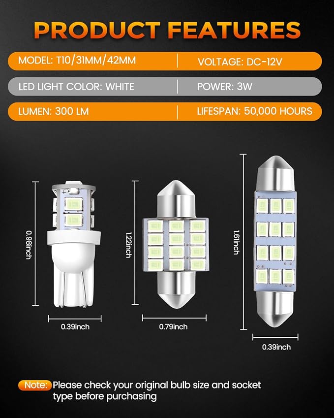 BANGO 24 Pieces Car LED Interior Light Bulbs, Non-Polarity Design with Removal Tool, Suitable for Car Dome Map Door Trunk License Plate Lights, Etc. (Ice Blue)