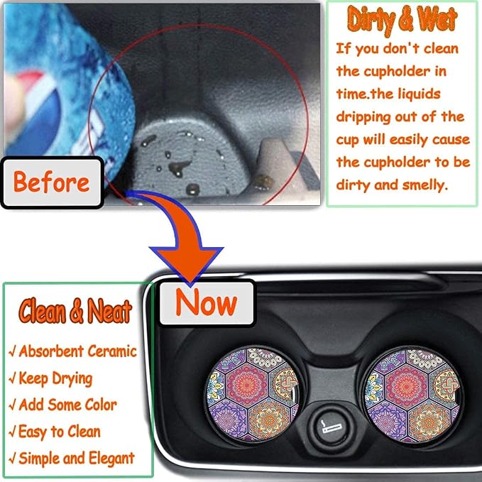 Mandala Ceramic Coasters 2 Pack, 2.56 inch Absorbent - Protect Car Cup Holders & Keep Your Car Clean