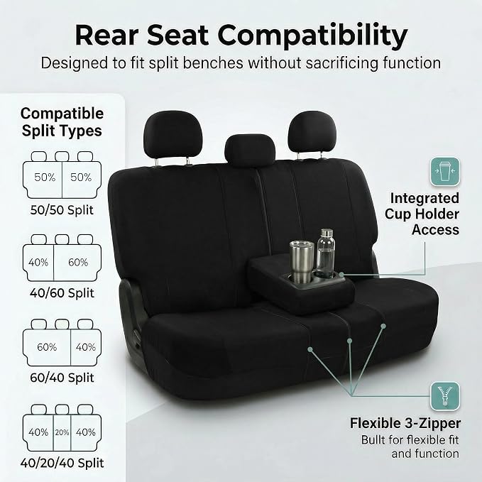 FH Group Universal Car Seat Covers Full Set for SUV Truck Sedan Vans | All-Purpose Cloth Seat Cover Set Airbag Compatible Washable Split Bench Protector Interior Upgrade - Black
