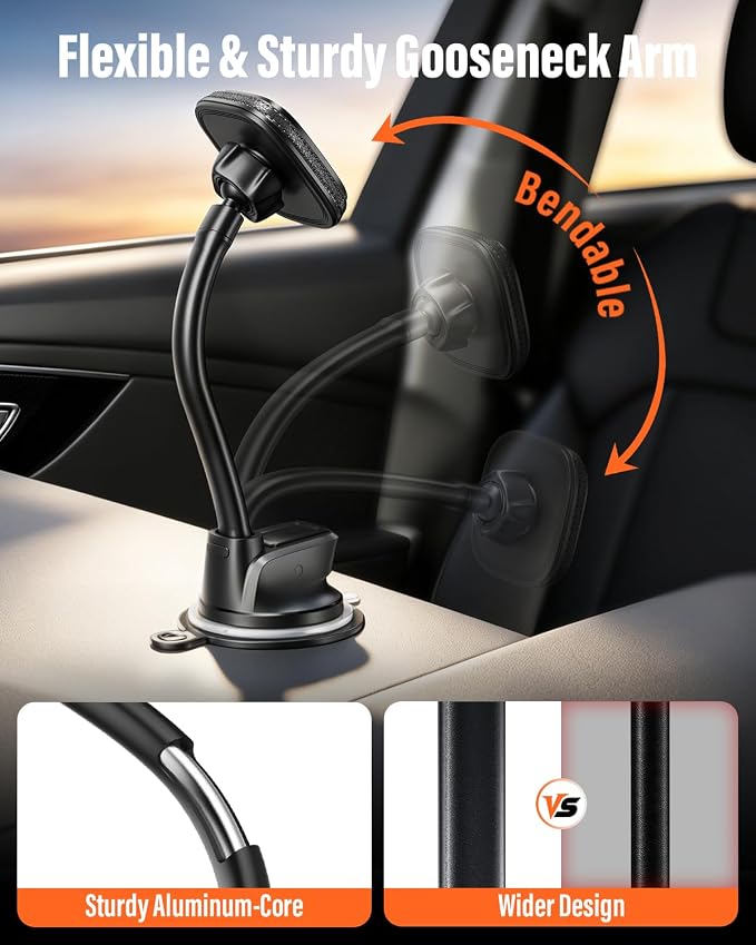 APPS2Car Upgraded for MagSafe Car Mount, Magnetic Car Phone Holder with Flexibile Gooseneck Arm, Suction Cup Holder for Windshield Window Dashboard, Fit for iPhones Smartphones
