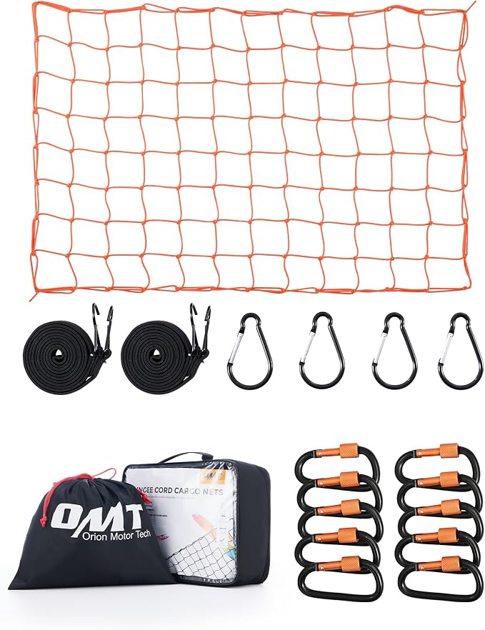 OMT 3x4ft Cargo Net Flat Webbing for Roof Rack and Truck Bed, Orange | Stretches to 6x8ft, Anti-Tangling 4x4in Design; Restraint Straps Included; Fast Setup; Ideal for SUV Roof Racks Trailer