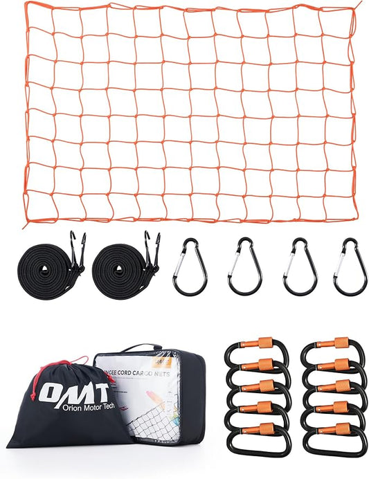 OMT 3x4ft Cargo Net Flat Webbing for Roof Rack and Truck Bed, Orange | Stretches to 6x8ft, Anti-Tangling 4x4in Design; Restraint Straps Included; Fast Setup; Ideal for SUV Roof Racks Trailer