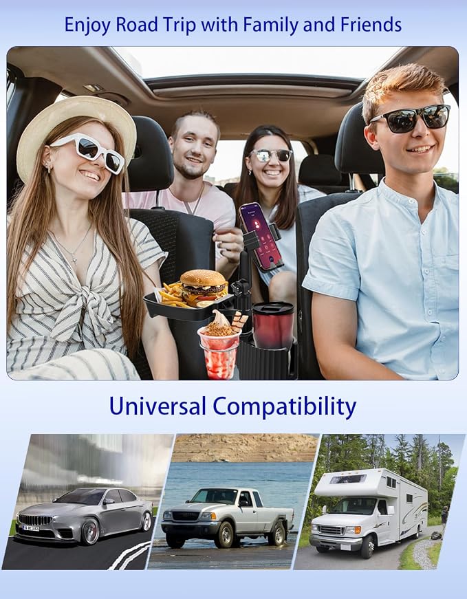 Car Cup Holder Tray - 4 in 1 Car Cup Holder Expander with Metal Cupholder, Adjustable Food Tray and Phone Mount for All Purpose, Automotive Essentials for Driver and Front Passenger