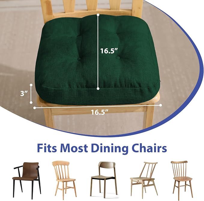 IASEAHK Chair Cushions for Dining Chairs, Dining Chair Cushions, Tufted Indoor Chair Pads with Ties & Non Slip Backing, Seat Cushions for Kitchen Chairs 16.5” x 16.5” x 3.5”, Set of 4, Green