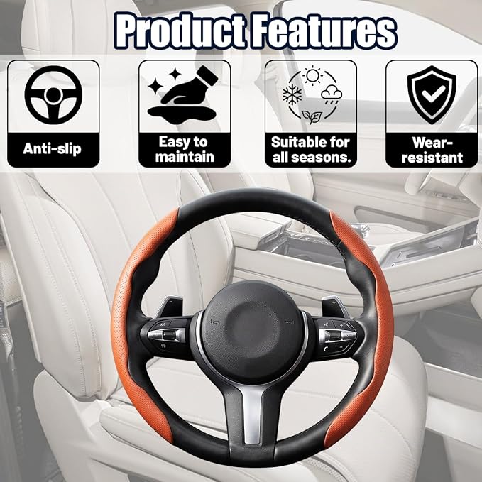 2PCS Car Steering Wheel Cover, 14.5-15" Breathable Nappa Leather Segmented Steering Wheel Protector with Non-Slip Grip, Stylish Auto Interior Decor Accessories, Universal for Vehicles (Orange)