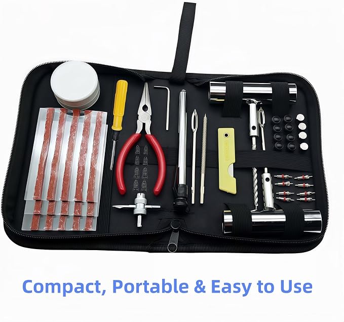 55PCS Tire Repair Kit – Heavy Duty Plug & Patch Kit with Tire Gauge & Valve Tools – Emergency Flat Tire Repair for Car, Truck, Motorcycle, ATV, SUV – Includes Storage Bag & Manual