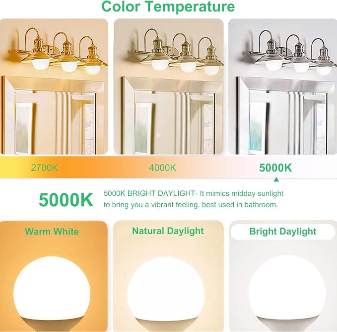 Vinaco Glass G25 led Globe Light Bulbs Dimmable 6W 120V 5000K for Bathroom | 6PCS, Milky Frosted Glass, 60W Eq. 450LM, 360°Beam,Warm White, NO Flicker, High CRI90+, E26 Base, for Makeup Mirror & Pendant