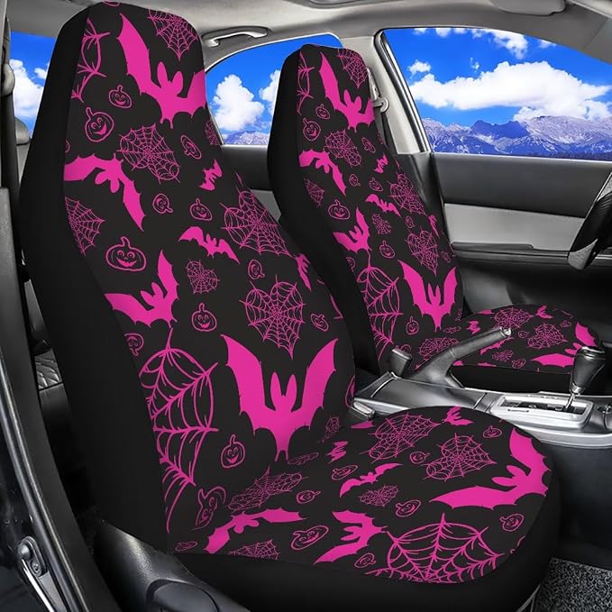 Pink Bats Car Seat Covers for Front Seats, Spider Web Breathable Seat Protectors, Set of 2, Universal Fit for Most Cars, SUVs and Sedans