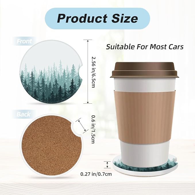 Green Forest Car Coasters for Cup Holders,2 Pack Car Cup Holder Coasters for Car,Ceramic Absorbent Car Coaster with A Finger Notch and Cork Base,Car Interior Accessories for Women Men