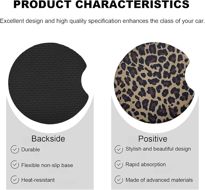 2PCS Car Cup Holder Coasters, Leopard Print Absorbent Rubber Insert Coaster with Finger Notch, Anti-Slip Drink Cup Mat Cute Vehicle Interior Accessories for Women Men (C2)