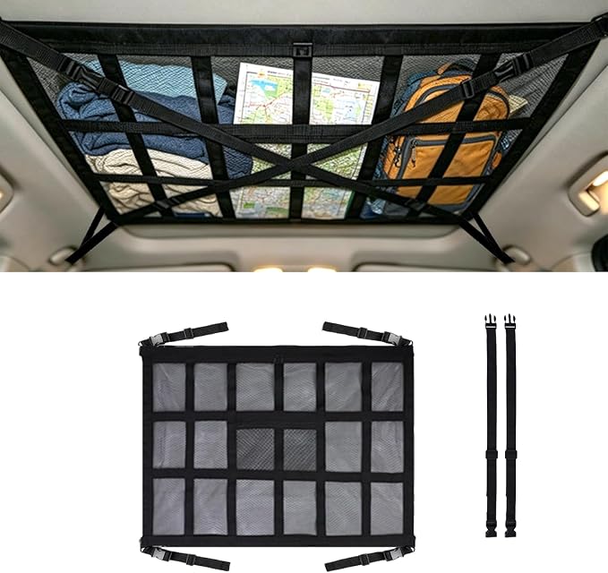 Car Ceiling Cargo Net, 35.4x25.6 Inch Large Overhead Storage Mesh Organizer with 1 Pockets, Double Layer Roof Bag for SUV Van, Camping Overlanding Gear, Adjustable Road Trip Essentials
