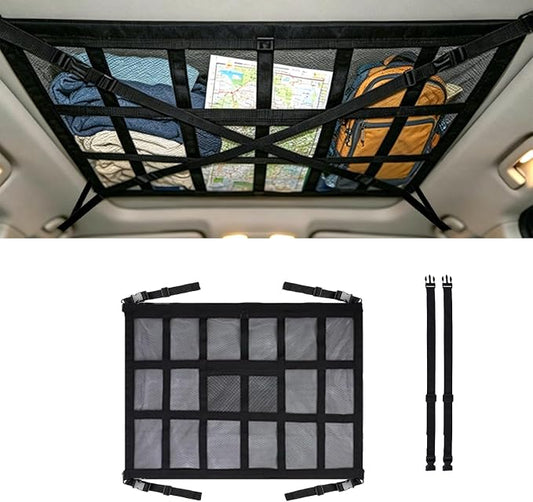 Car Ceiling Cargo Net, 35.4x25.6 Inch Large Overhead Storage Mesh Organizer with 1 Pockets, Double Layer Roof Bag for SUV Van, Camping Overlanding Gear, Adjustable Road Trip Essentials