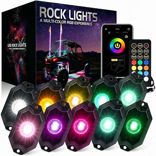 Xprite Colorful LED Rock Lights Kit with Bluetooth & Wireless Remote Controller, Multicolor Cars Underglow, Wheel, Footwell Neon Light Kits, for Off-Road UTV ATV Trucks SUV Motorcycle Boats - 10 Pods