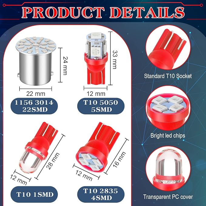 Frienda 70 Pcs Interior Lights LED Car Bulb Kit Set Dome Light 31 36 41 mm 12v De3175 6411 T10 2825 6612f 6615f for Dome Map Read Door Trunk Glove Box License Plate Cargo Courtesy(Red)
