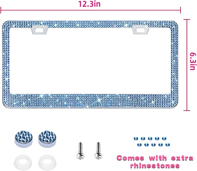 Bling License Plate Frame for Women, 1PCS Sparkly License Plate Frames| Over 1200 pcs 14 Facets Bedazzled Clear Glass Diamond Rhinestone Crystals w/Free Glitter Diamond Box (Light Blue)