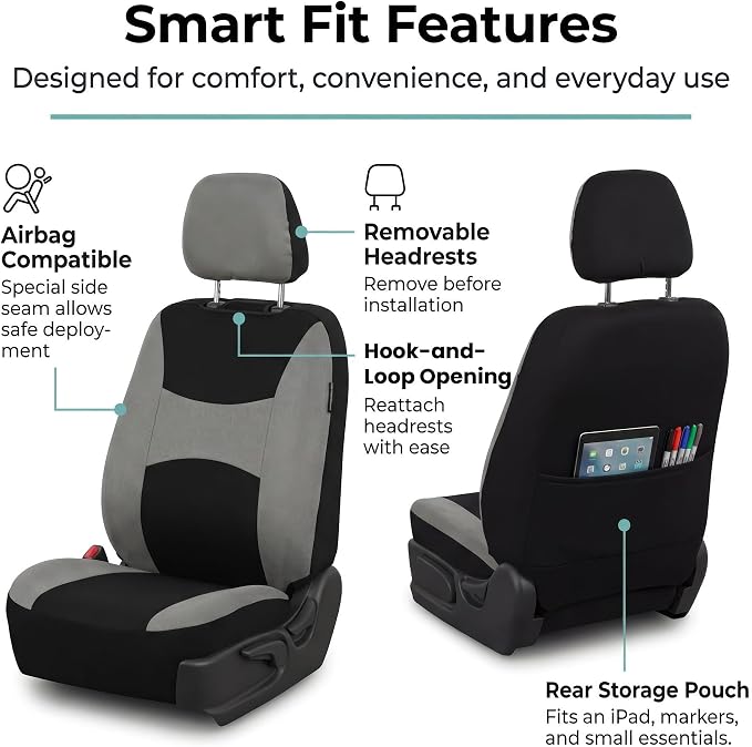 FH Group Universal Car Seat Covers Front Set for SUV Truck Sedan Vans | Waterproof All-Purpose Cloth Seat Cover Set Airbag Compatible Washable Split Bench Protector Interior Upgrade - Gray