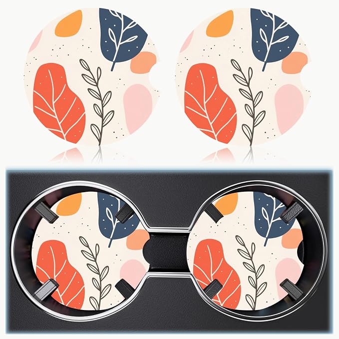 Car Cup Holder Coaster Set of 2, 2.56 in Ceramic Coasters, Scratch-Resistant Cork Backing, Finger Groove Design for Easy Placement, Cute Car Accessories Interior for Women (Bohemian Leaves)