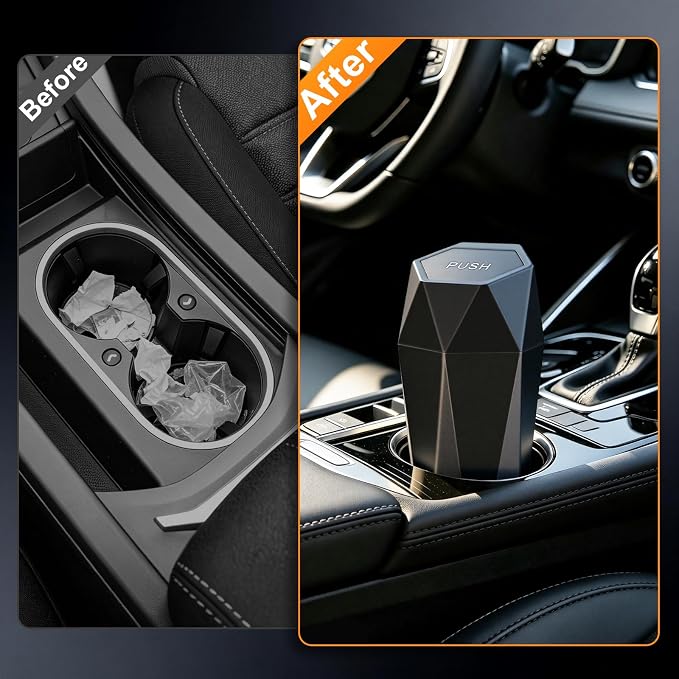 JUSTTOP Car Trash Can with Lid, Diamond Design Small Automatic Portable Trash Can with 1 Trash Bag, Easy to Clean, Used in Car Home Office (Black)