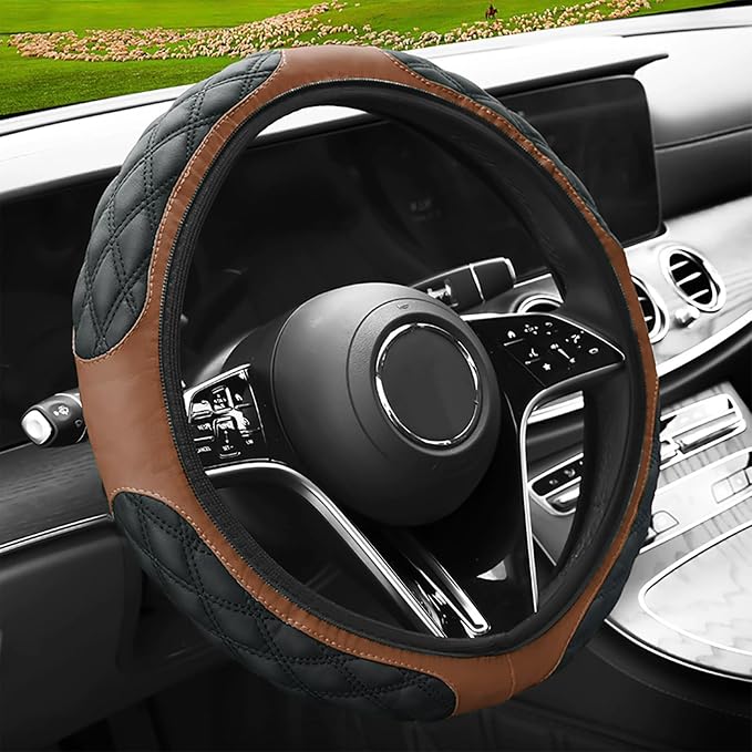 15 Inch Leather Steering Wheel Cover, Automotive Accessories Breathable Anti-Slip Elastic Soft Wheel Protector, Fit for Most SUVs Trucks and RVs (Coffee)