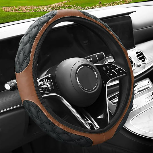 15 Inch Leather Steering Wheel Cover, Automotive Accessories Breathable Anti-Slip Elastic Soft Wheel Protector, Fit for Most SUVs Trucks and RVs (Coffee)