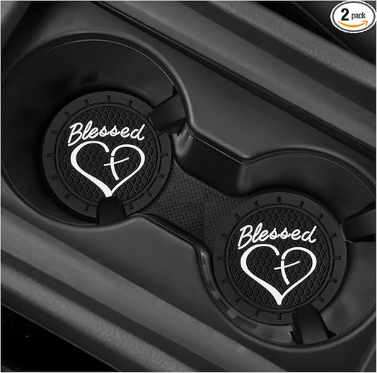 2 PCS Car Cup Holder Coaster, 2.76 Inch Soft PVC Non-Slip Blessed Cross and Heart Christian Car Cup Coasters, Auto Interior Shockproof Insert Drink Mat for Most Vehicles (Black)